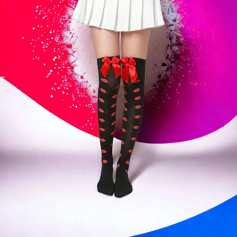 Lips Kiss Mesh Thigh High Stockings Bow Decor Valentines Day Over The Knee Socks